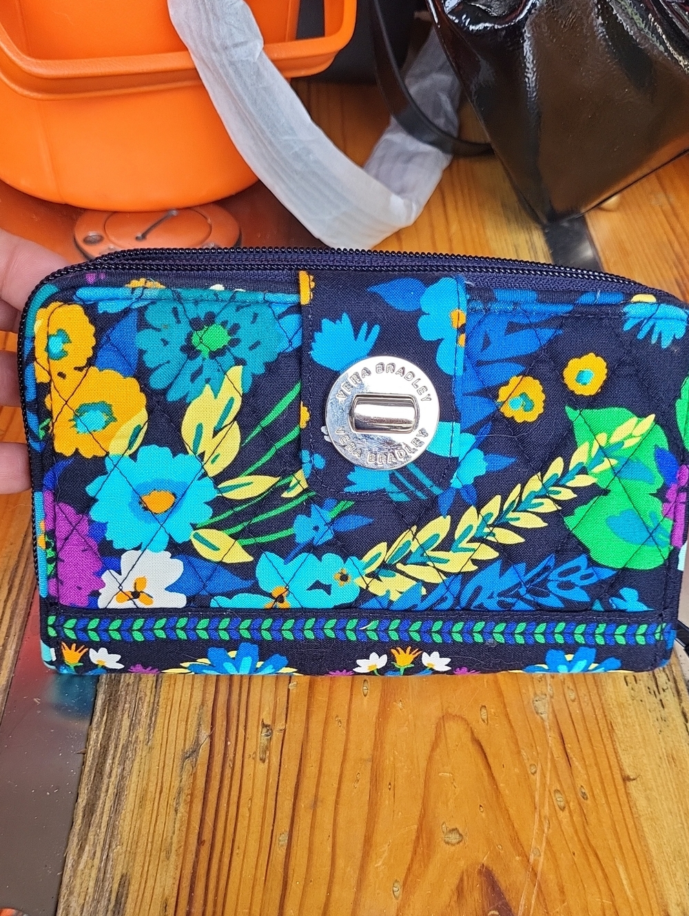 Vera Bradley Navy Floral Quilted Zip Wallet with Turquoise and Yellow Accents